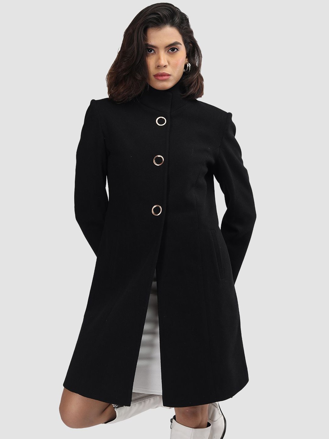 

PROTEX Women Solid Single Breasted Winter Woollen Overcoat, Black