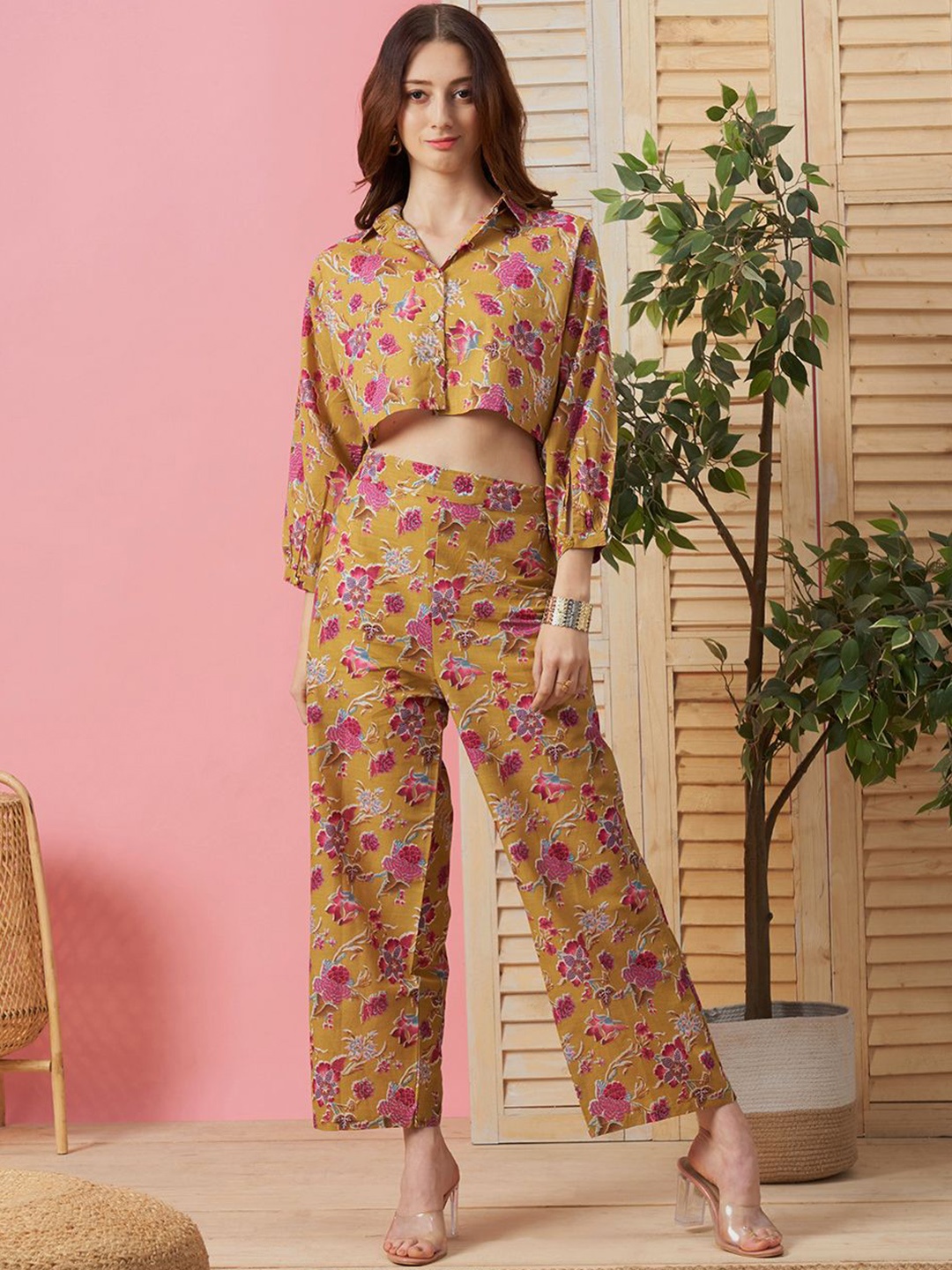 

KALINI Floral Printed Pure Cotton Shirt & Trousers, Mustard