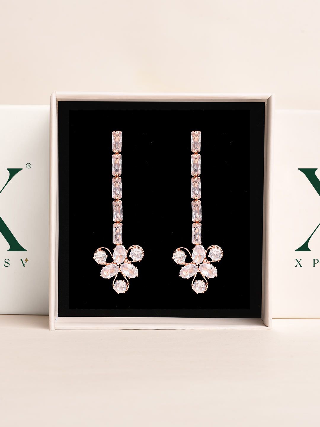 

XPNSV Rose Gold-Plated Cubic Zirconia Studded Drop Earrings
