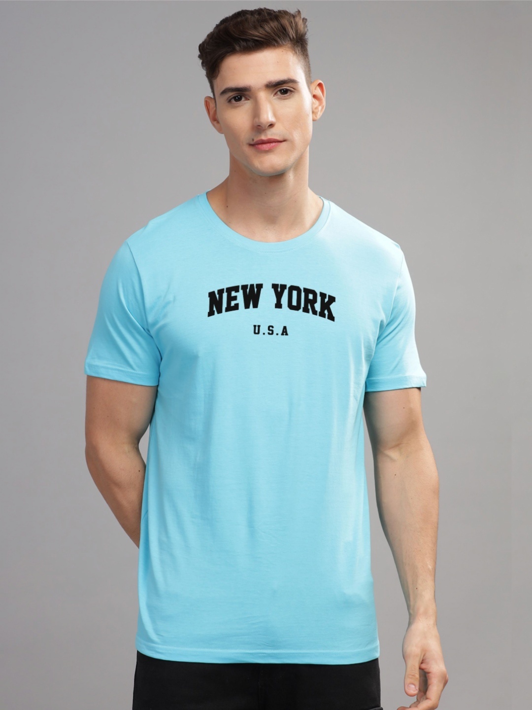 

ADRO Men Typography Printed Applique T-shirt, Turquoise blue