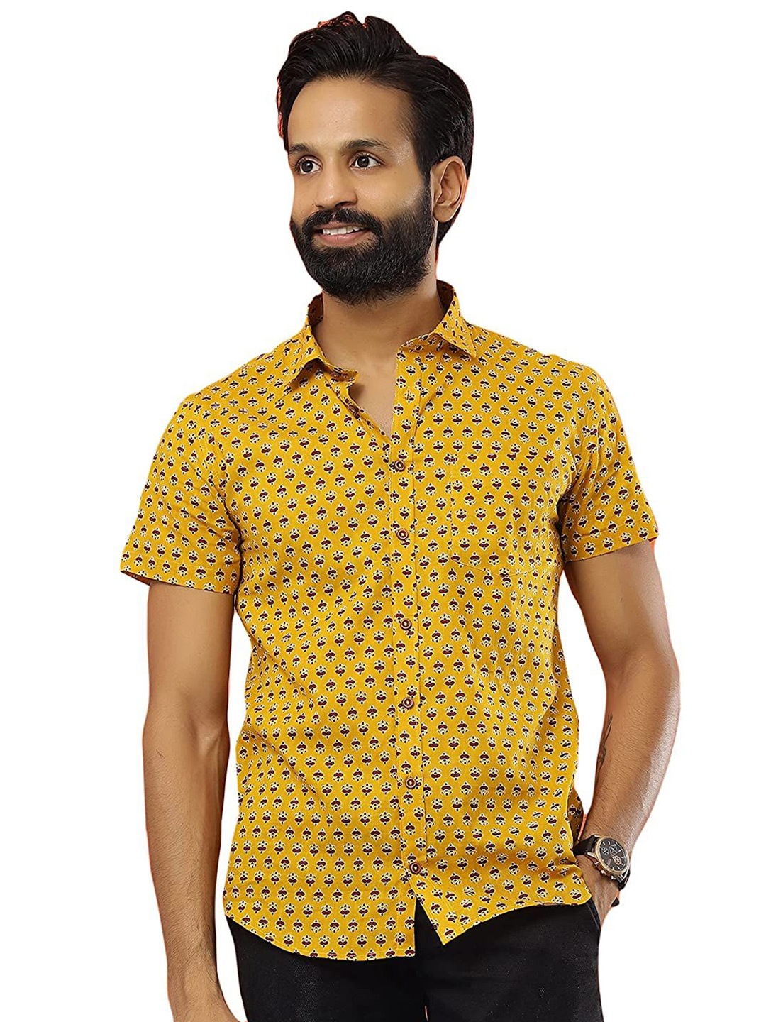 

SAY Men Classic Spread Collar Micro Ditsy Printed Cotton Casual Shirt, Mustard