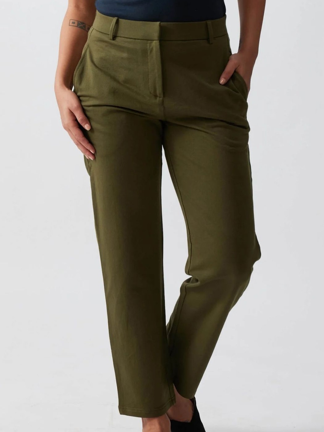 

Creatures of Habit Women Pima French Terry Solid Formal Trousers, Olive