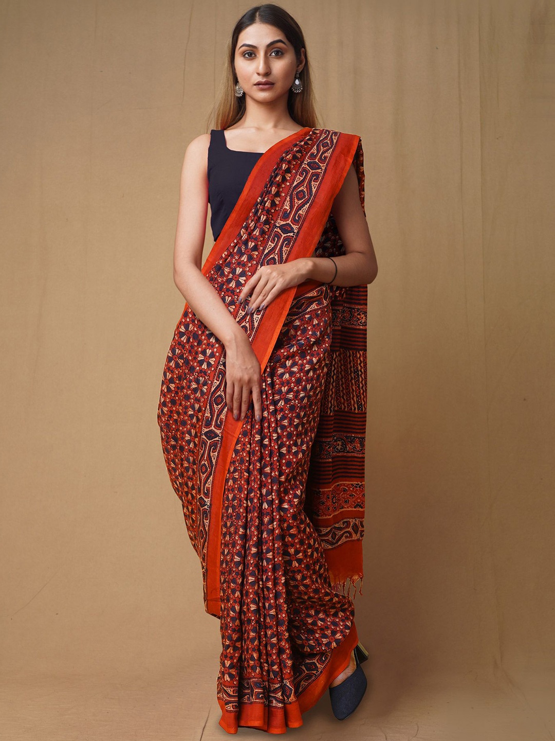 

Unnati Silks Ajrak Block Handloom Chanderi Saree, Red