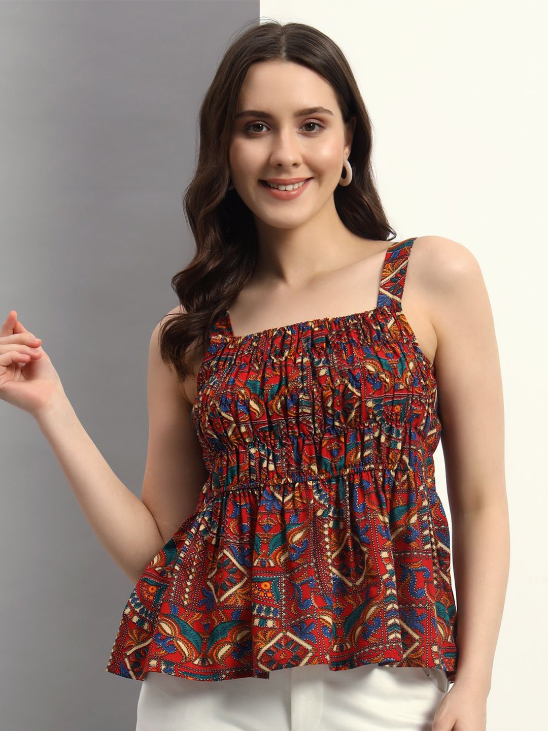 

ADDYVERO Women Abstract Printed Shoulder Straps Top, Red