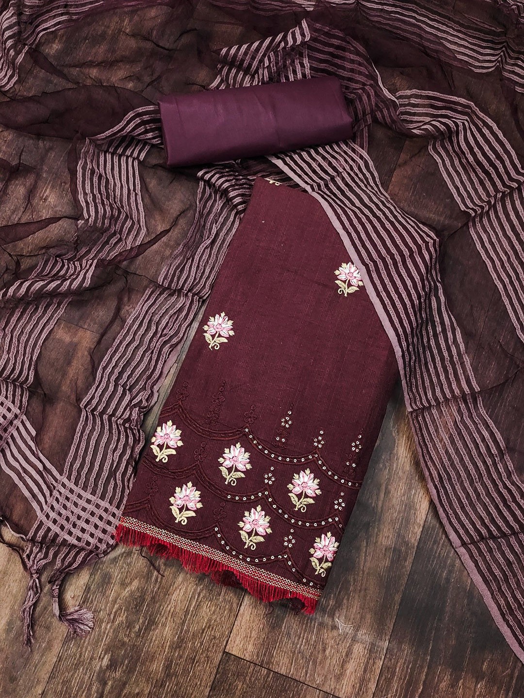

LeeliPeeri Designer Floral Embroidered Sequinned Cotton Unstitched Dress Material, Maroon