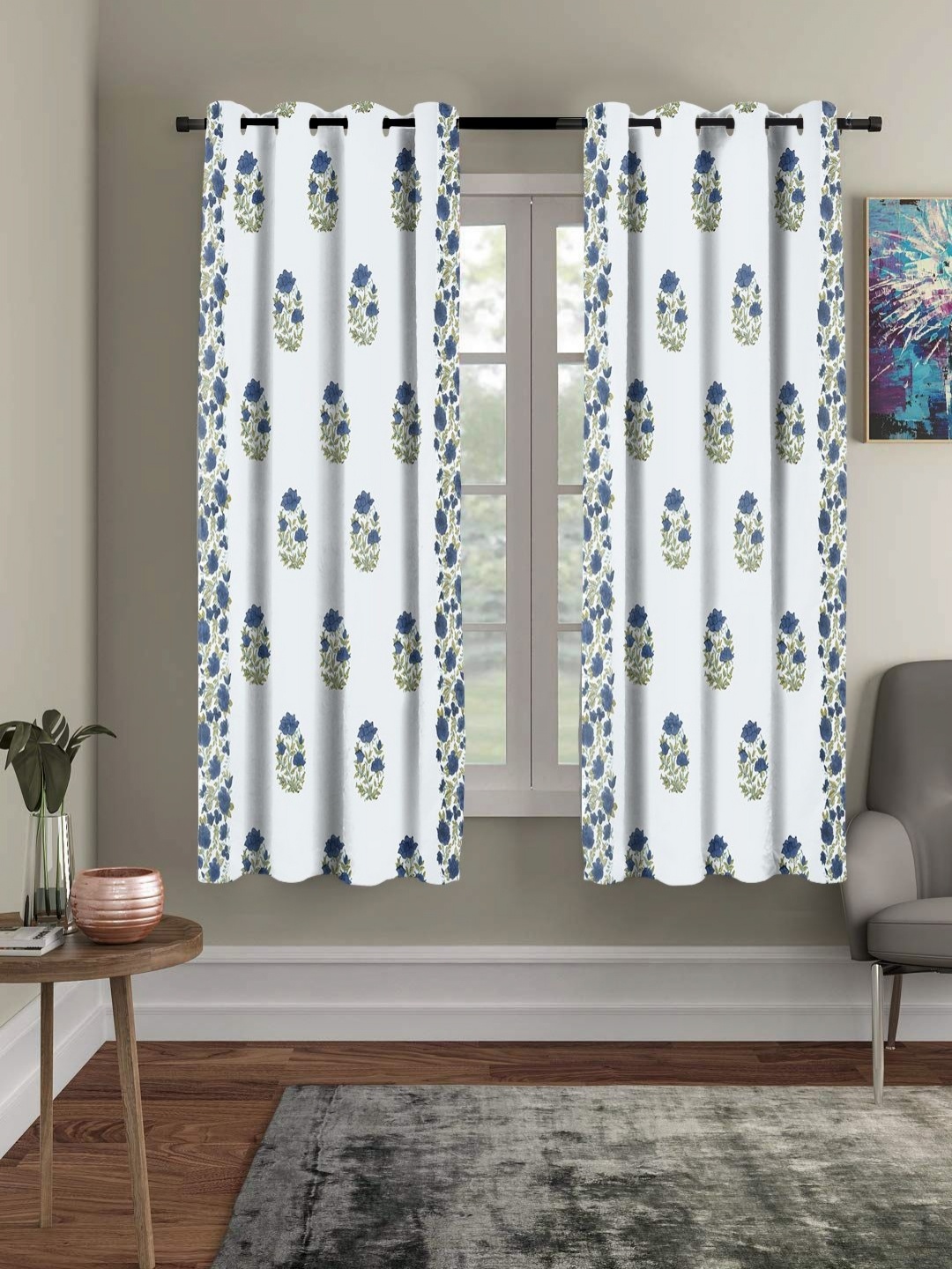

RRC Blue & White 2 Pieces Floral Cotton Window Curtains