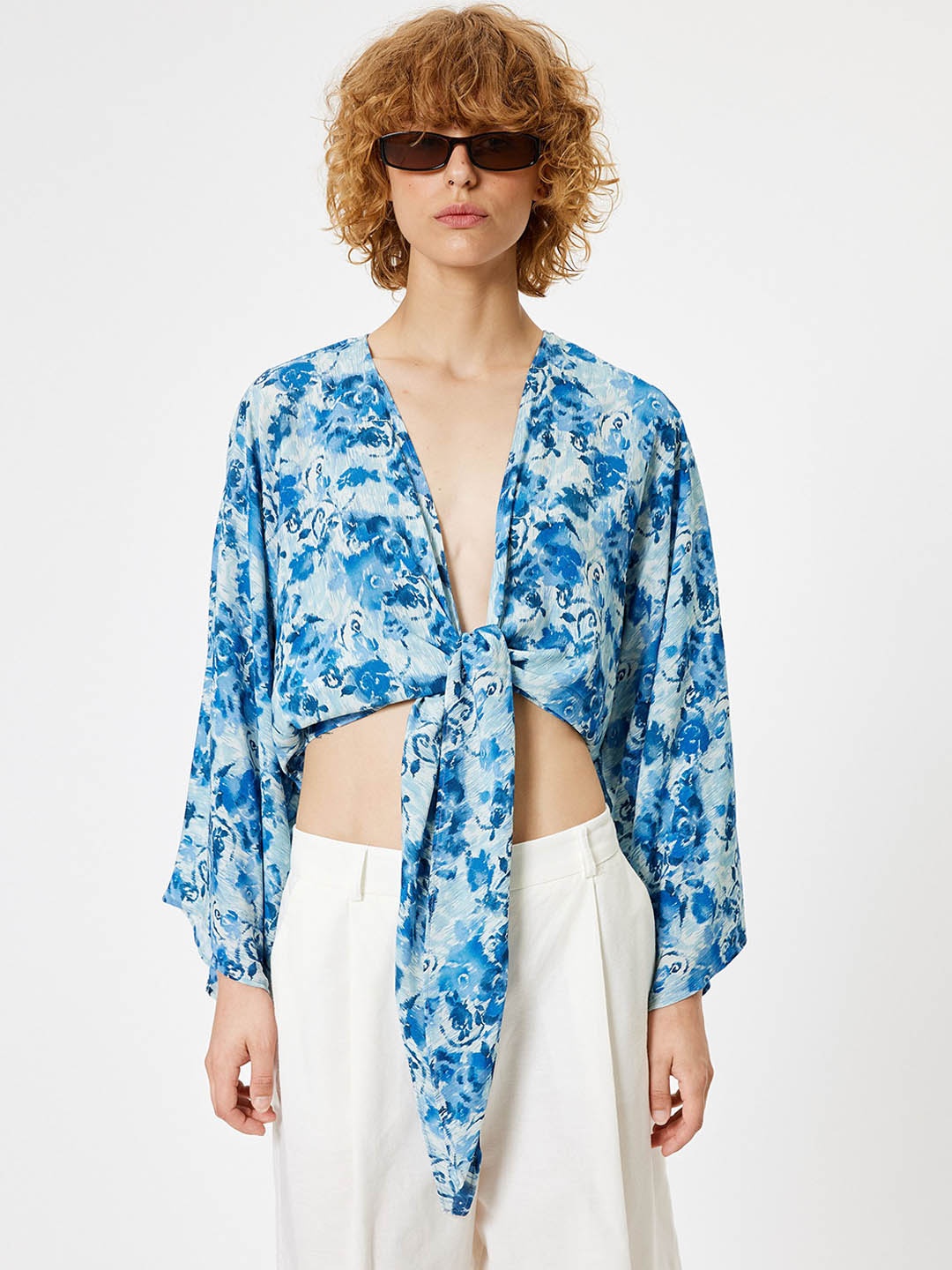 

Koton Printed Tie-Up Neck Crop Top, Blue