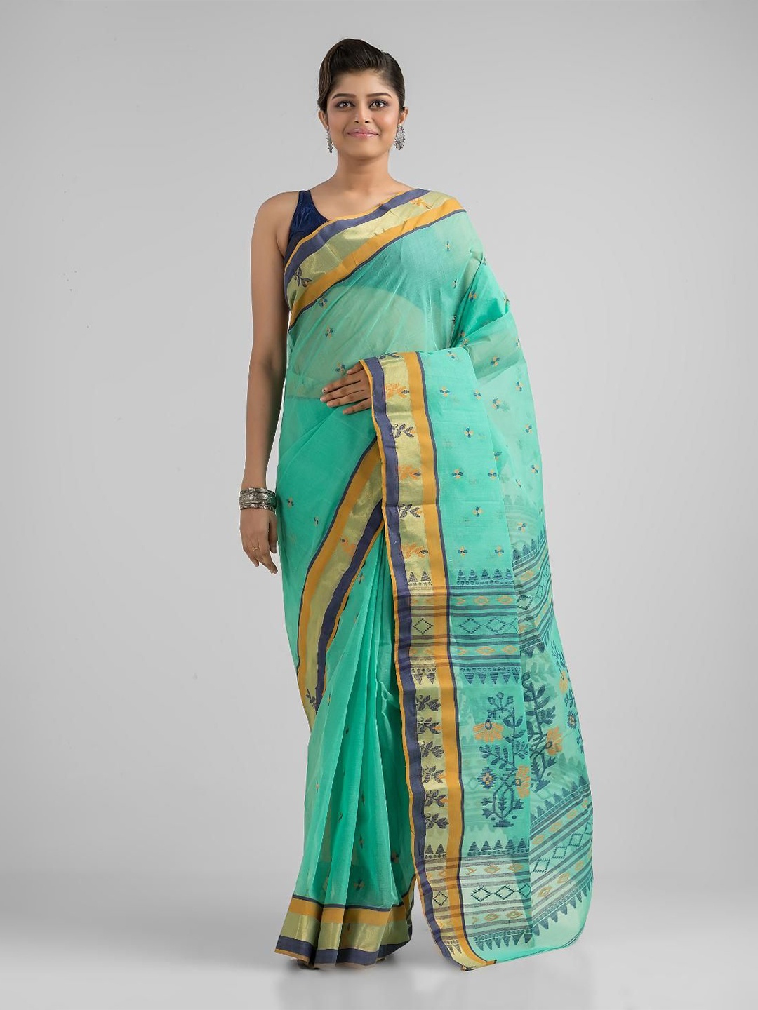 

SAJASAJO Ethnic Motifs Pure Cotton Fusion Saree, Sea green