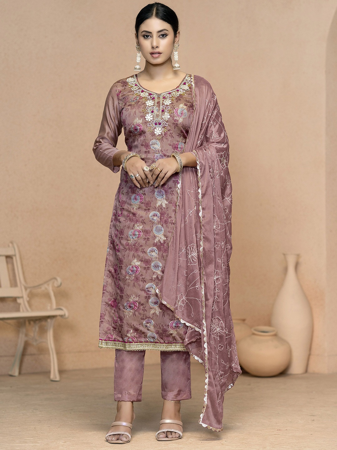 

MANVAA Zari Floral Embroidered Unstitched Dress Material, Purple