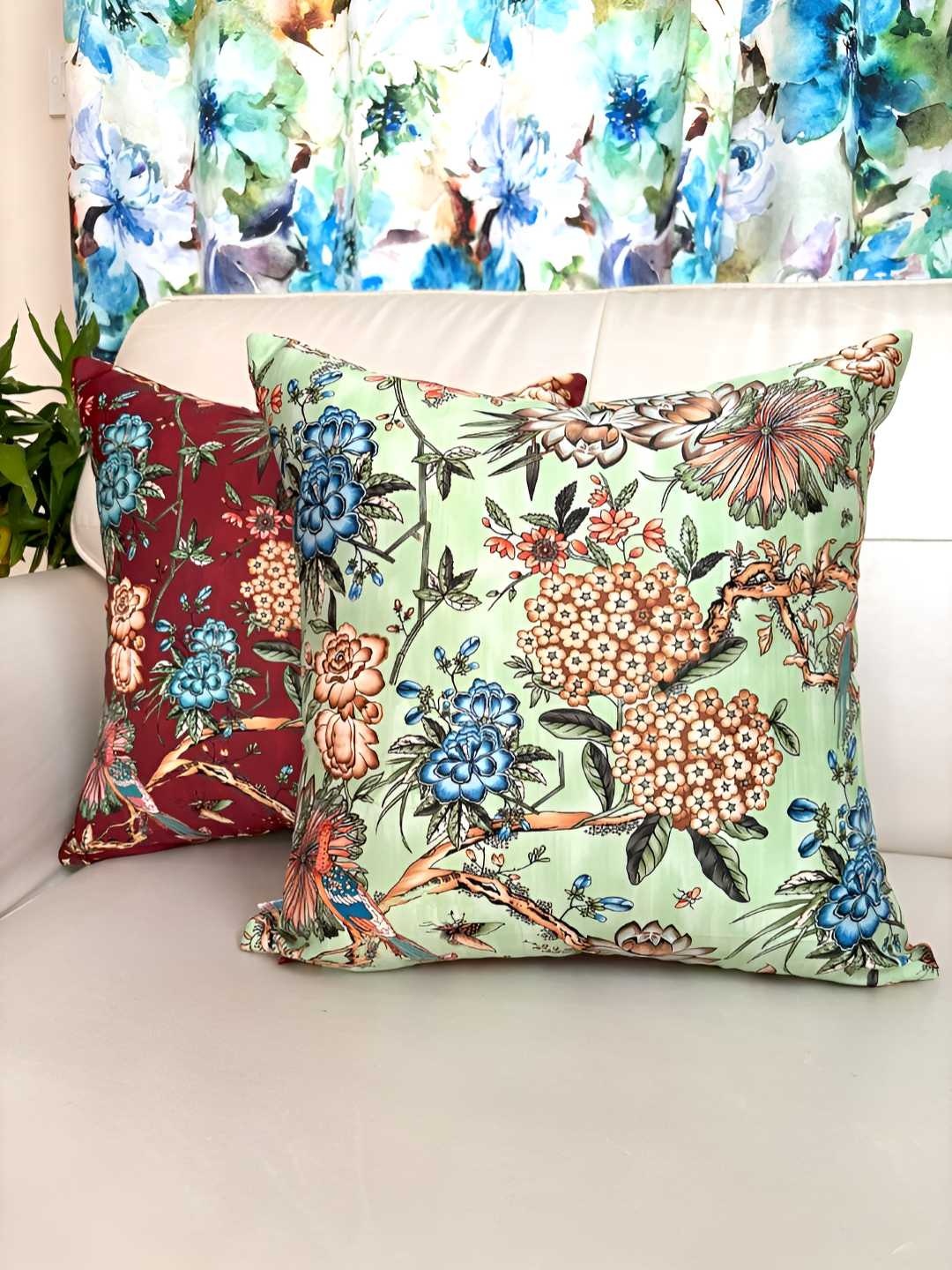 

TARA- Sparkling Homes Red & Green Set of 2 Floral Satin Square Cushion Covers