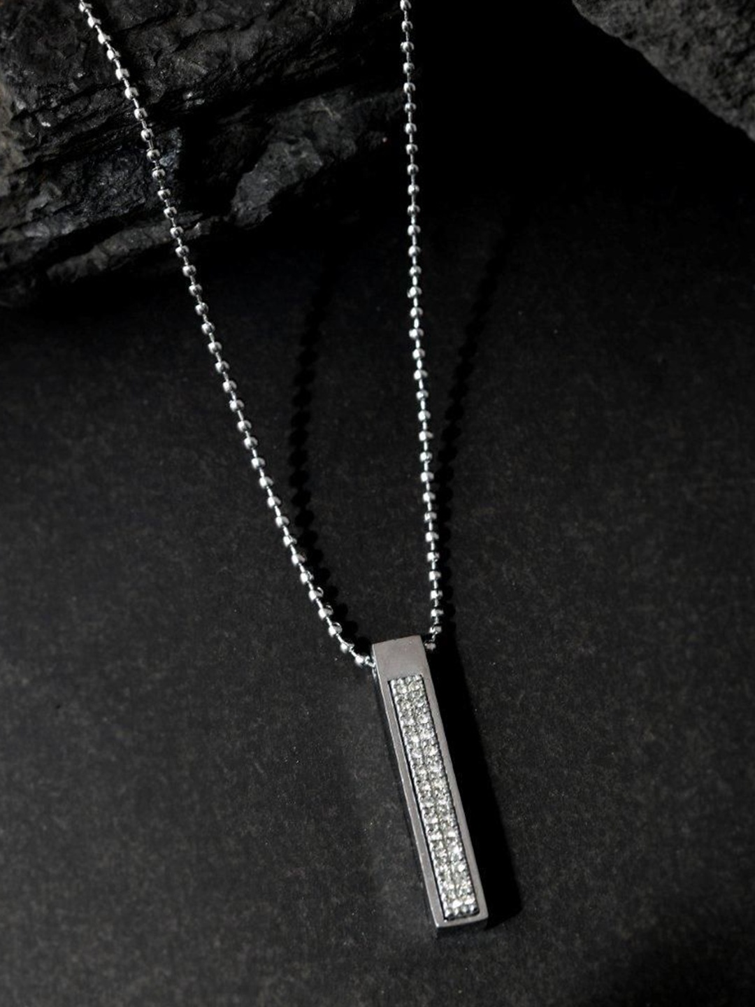 

VOJ Men Stainless Steel Silver Plated AD Studded Rectangular Shaped Pendant With Chain