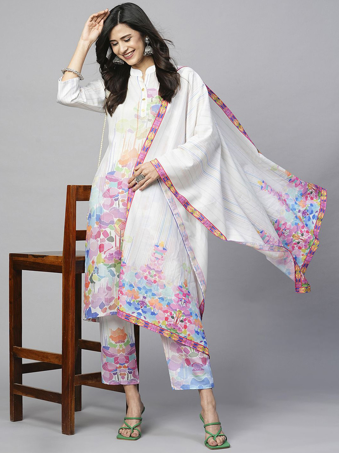 

KALINI Floral Printed Mandarin Collar Straight Kurta With Trousers & Dupatta, White
