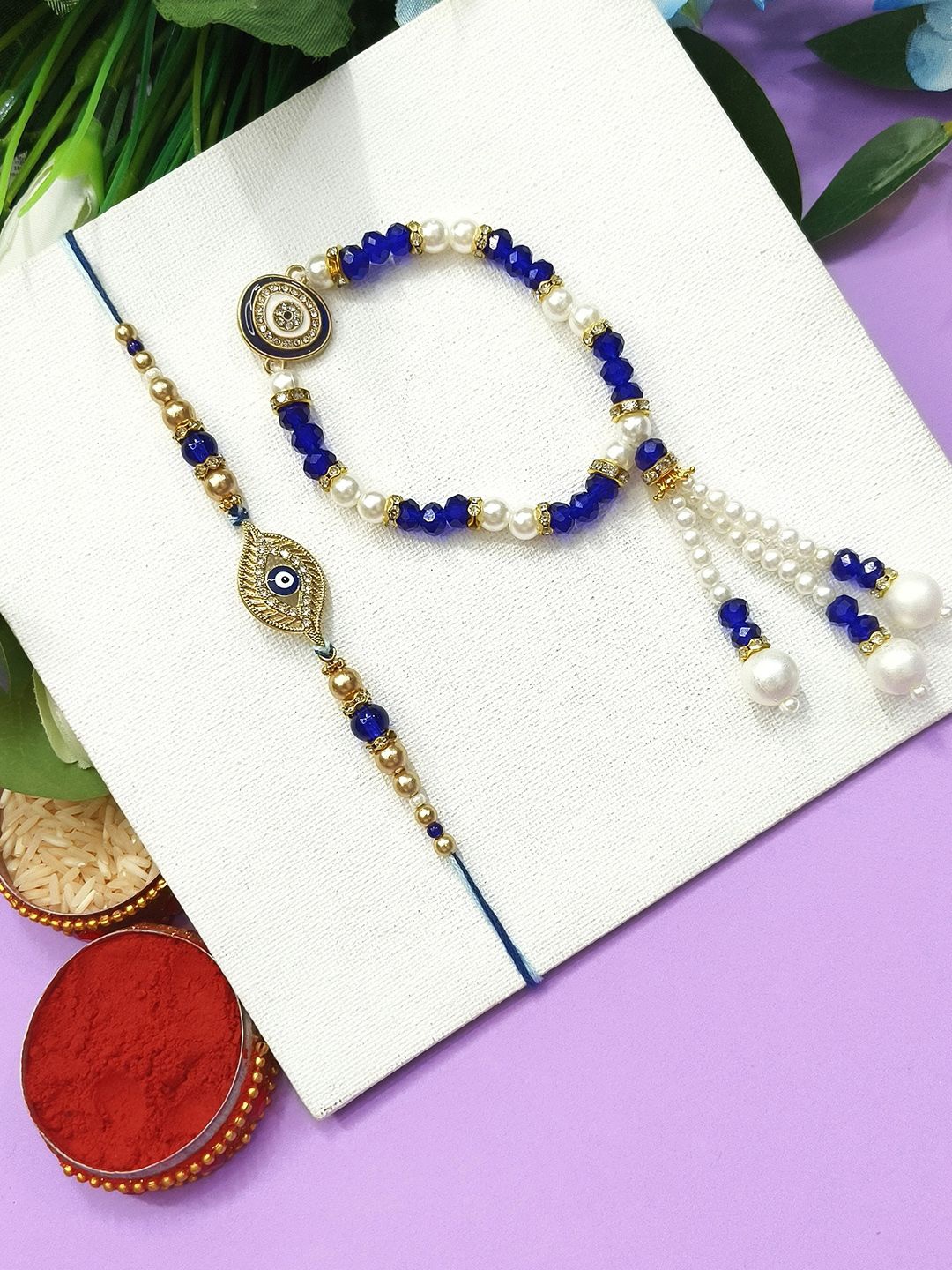 

StileAdda Bhaiya Bhabhi Stones Studded & Beaded Thread Rakhis With Roli Chawal, Blue