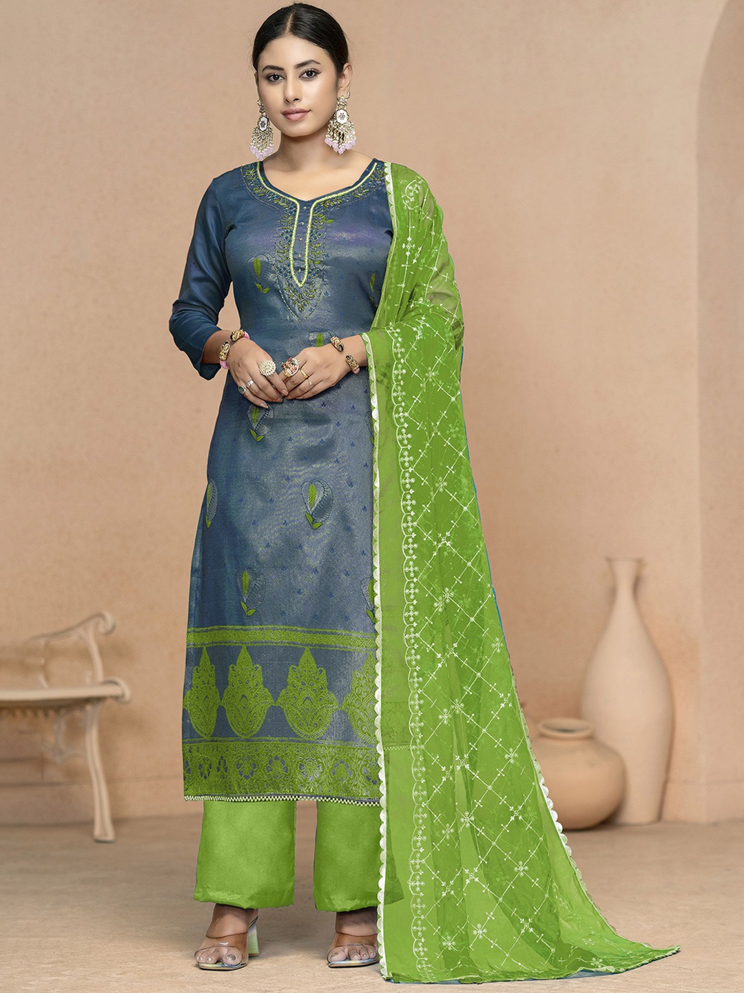

MANVAA Floral Embroidered Unstitched Dress Material, Navy blue
