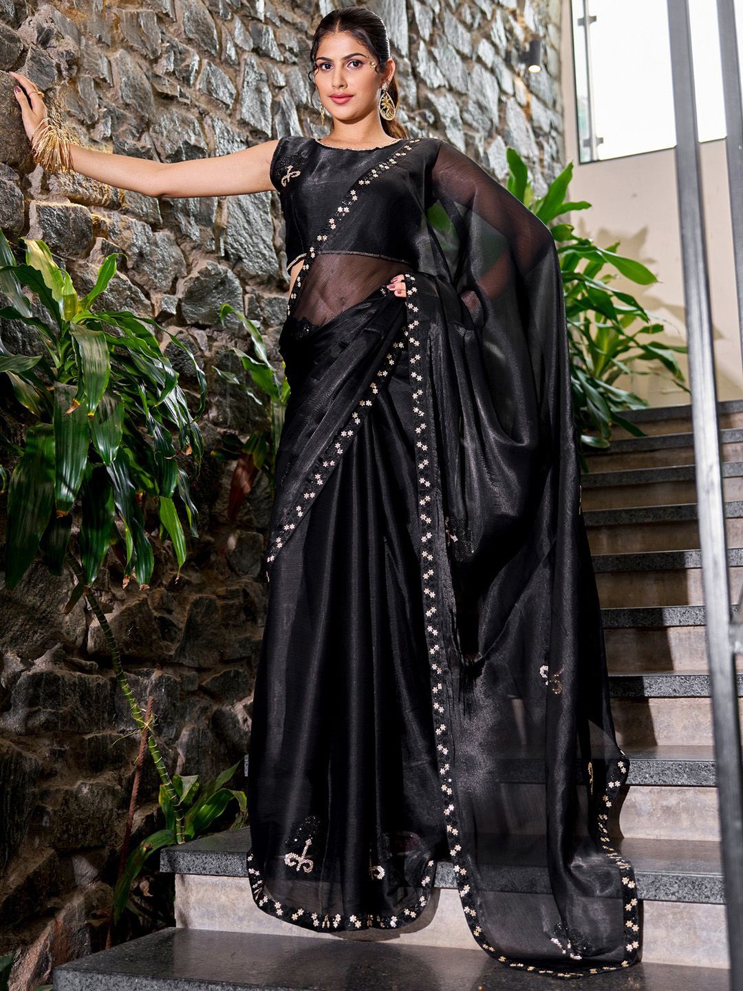 

Saree mall Black Embellished Beads and Stones Organza Sarees