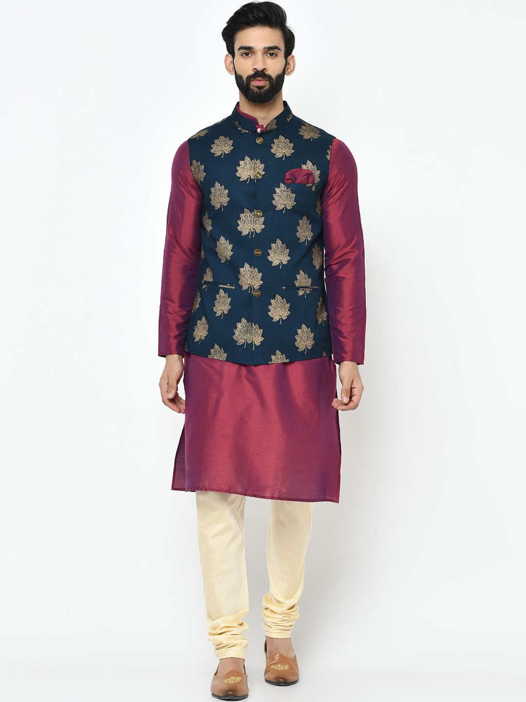 

Anouk Navy Blue Mandarin Collar Straight Kurta with Churidar & Printed Nehru jacket