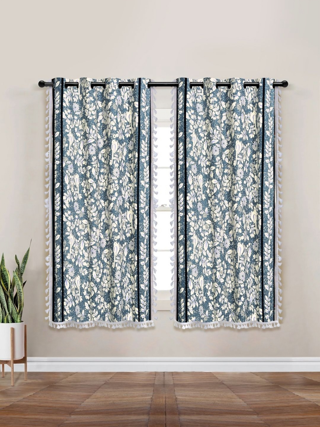 

Myntra Elegant Homes Blue & Off White Set of 2 Floral Black Out Window Curtain
