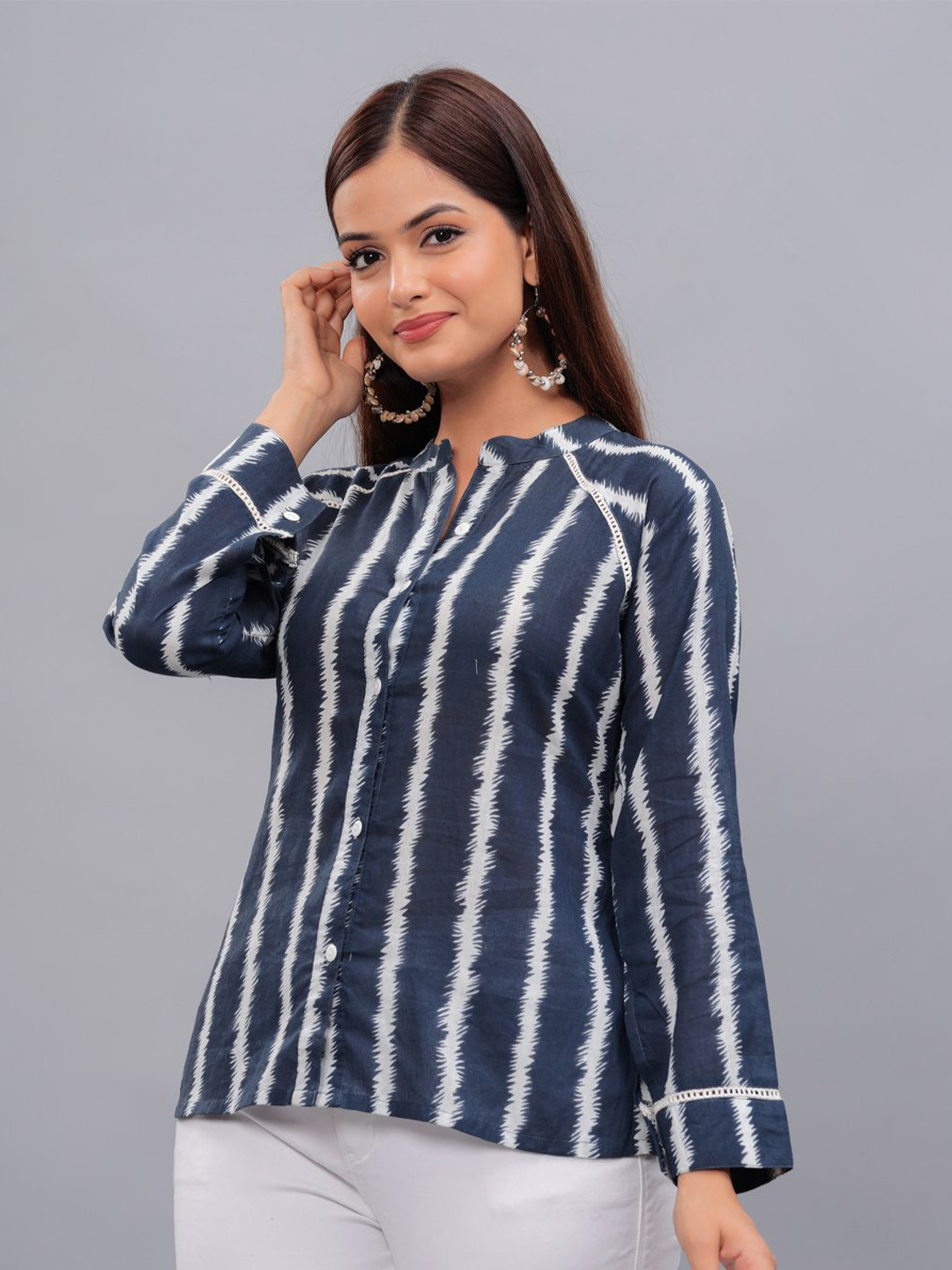 

Bachuu Women Striped Mandarin Collar Top, Grey