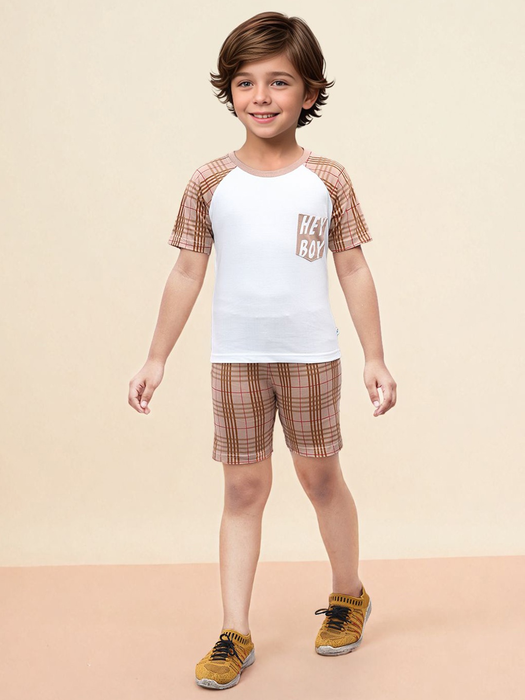 

Toonyport Boys Checked Round Neck Pure Cotton T-shirt with Shorts, Beige