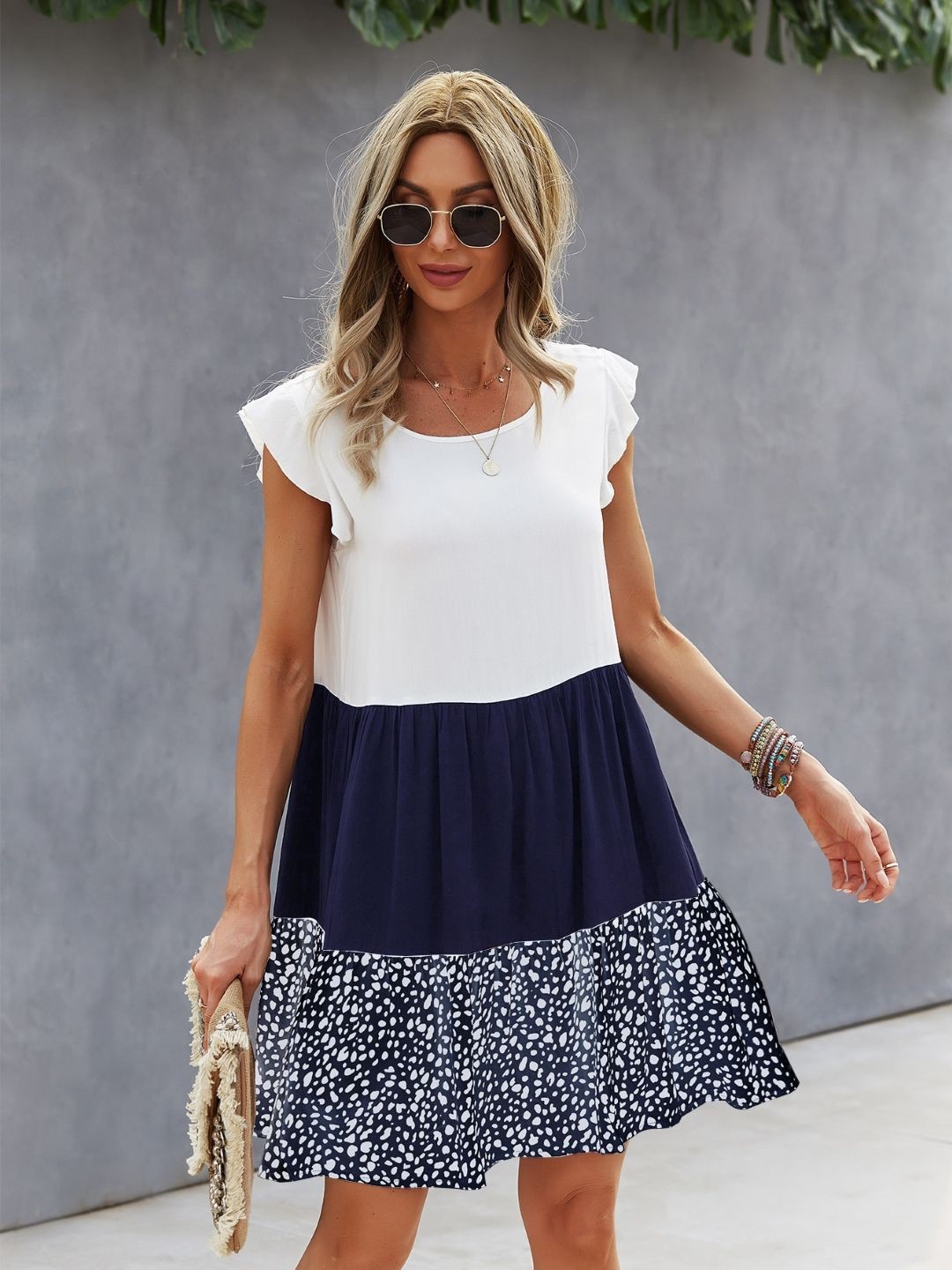 

StyleCast Colourblocked Flutter Sleeve A-Line Tiered Dress, Navy blue