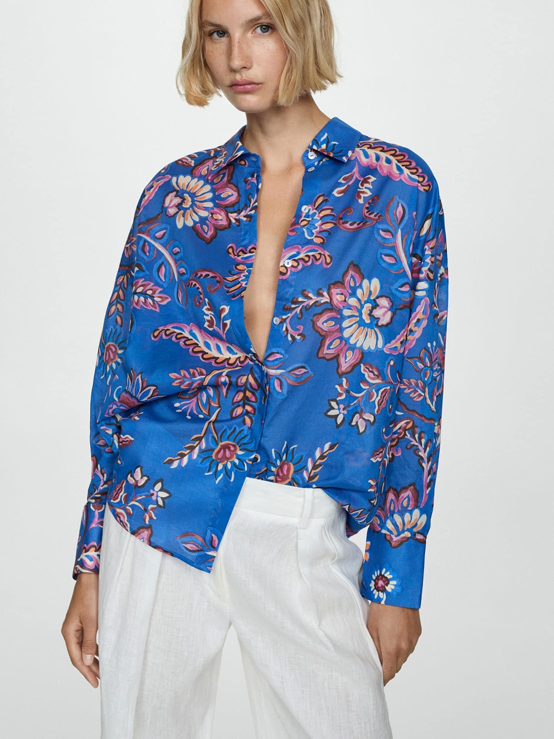 

MANGO Printed Pure Cotton Oversized Shirt, Blue