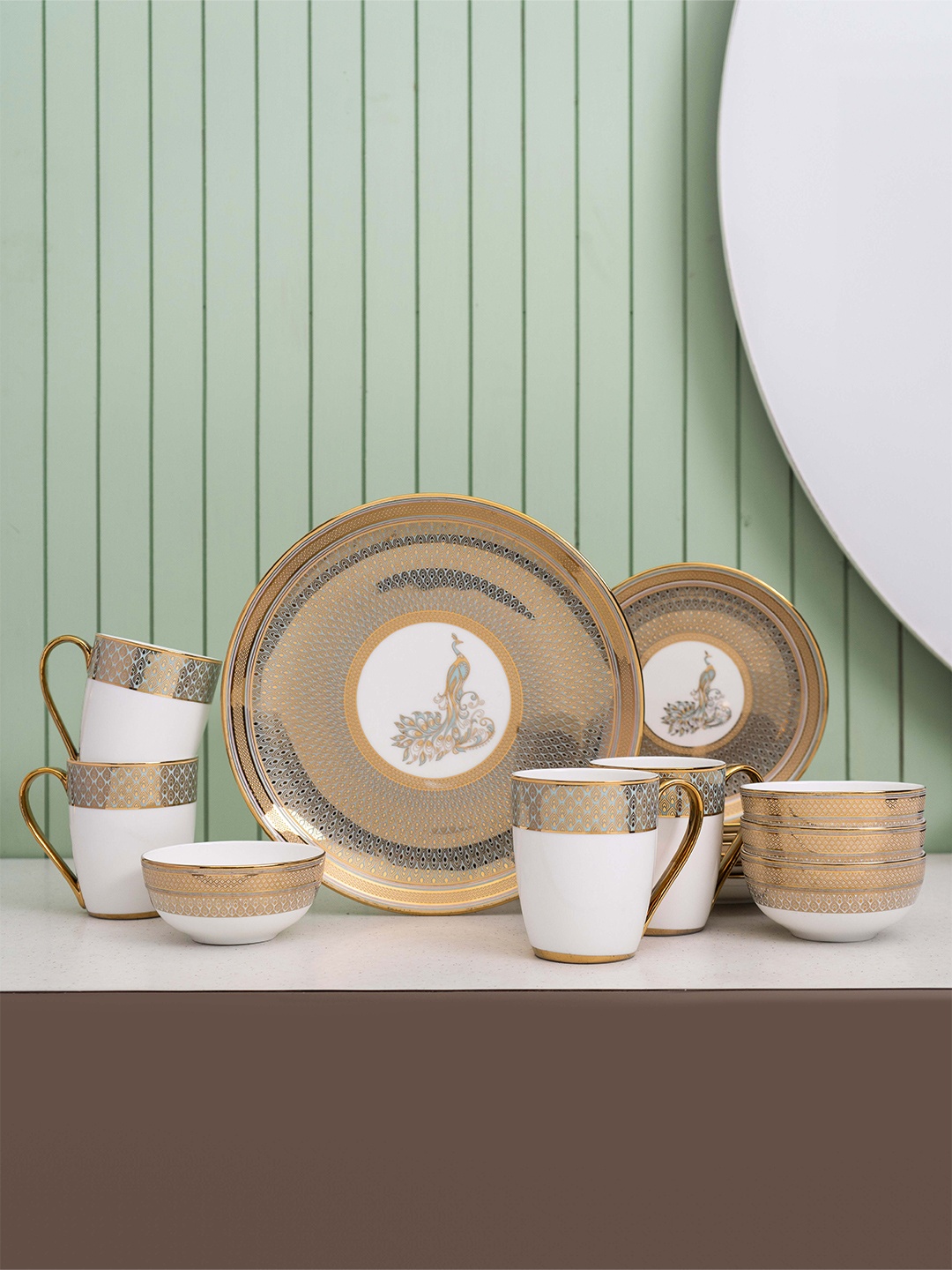 

CLAY CRAFT Ebony White & Gold-Toned 16 Pieces Textured Ceramic Dinner Set