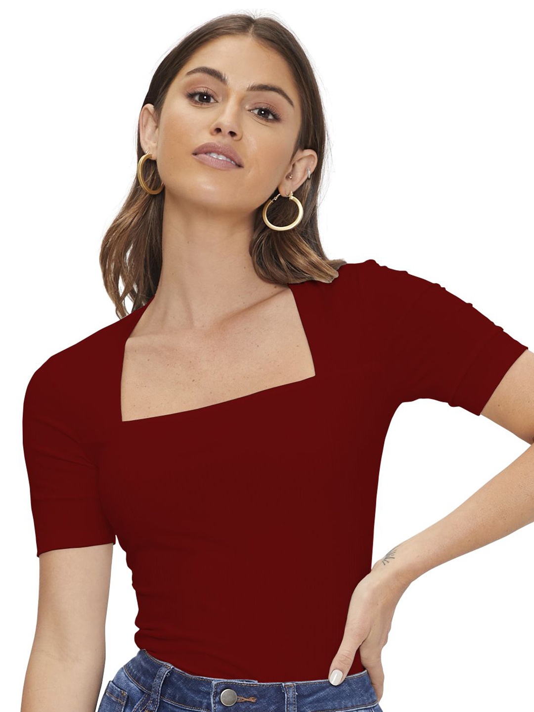 

BAESD Women Solid Square Neck Top, Maroon