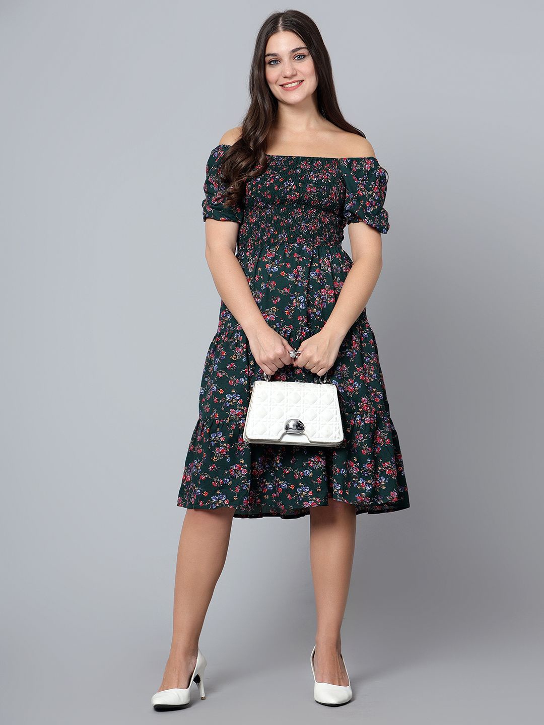 

Bani Women Floral Print Off-Shoulder Puff Sleeve Crepe Fit & Flare Dress, Green