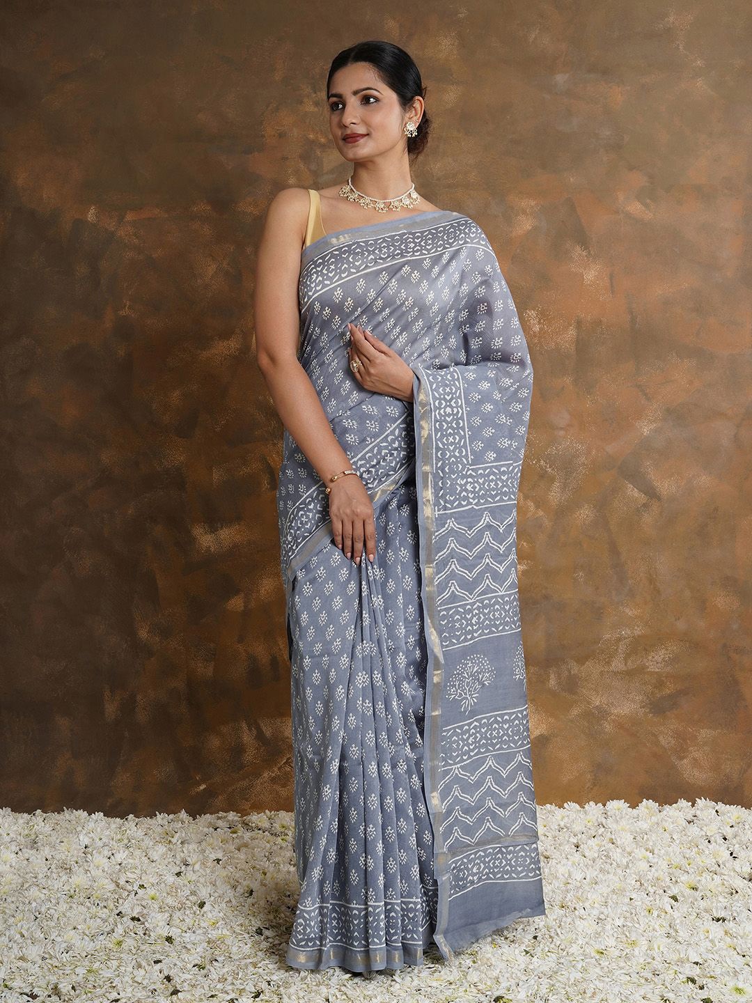 

TEEJH Ethnic Motifs Printed Zari Chanderi Saree, Blue