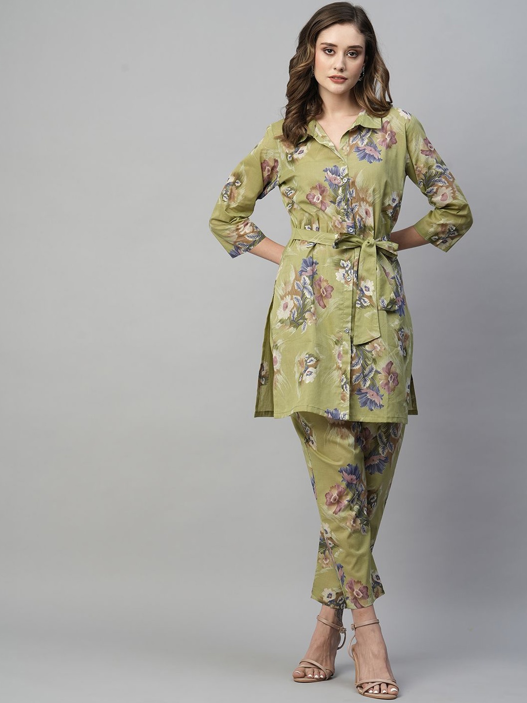 

KALINI Floral Printed Shirt Collar Pure Cotton Tunic & Trousers, Green