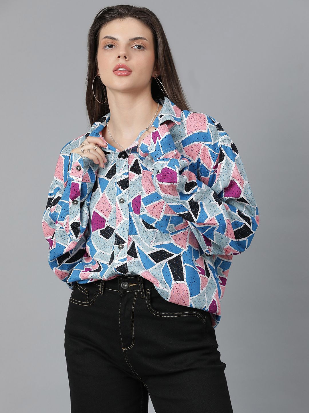 

Kotty Women Spread Collar Abstract Printed Cotton Oversized Casual Shirt, Blue