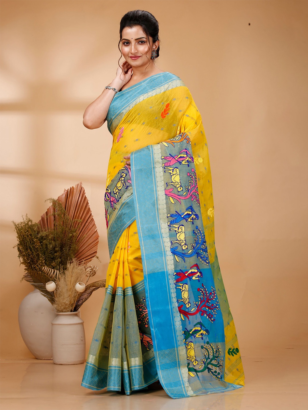 

PuJoy Floral Woven Design Zari Pure Cotton Taant Saree, Yellow