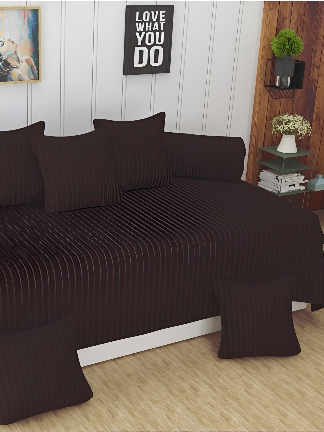 

UrbanArts 8 Pcs Brown Striped 400 TC Pure Cotton Diwan Set