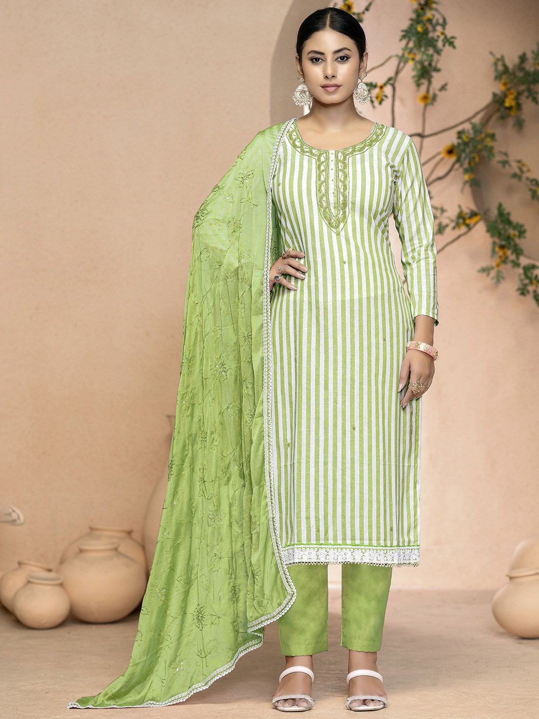 

MANVAA Striped Embellished Zari Unstitched Dress Material, Green