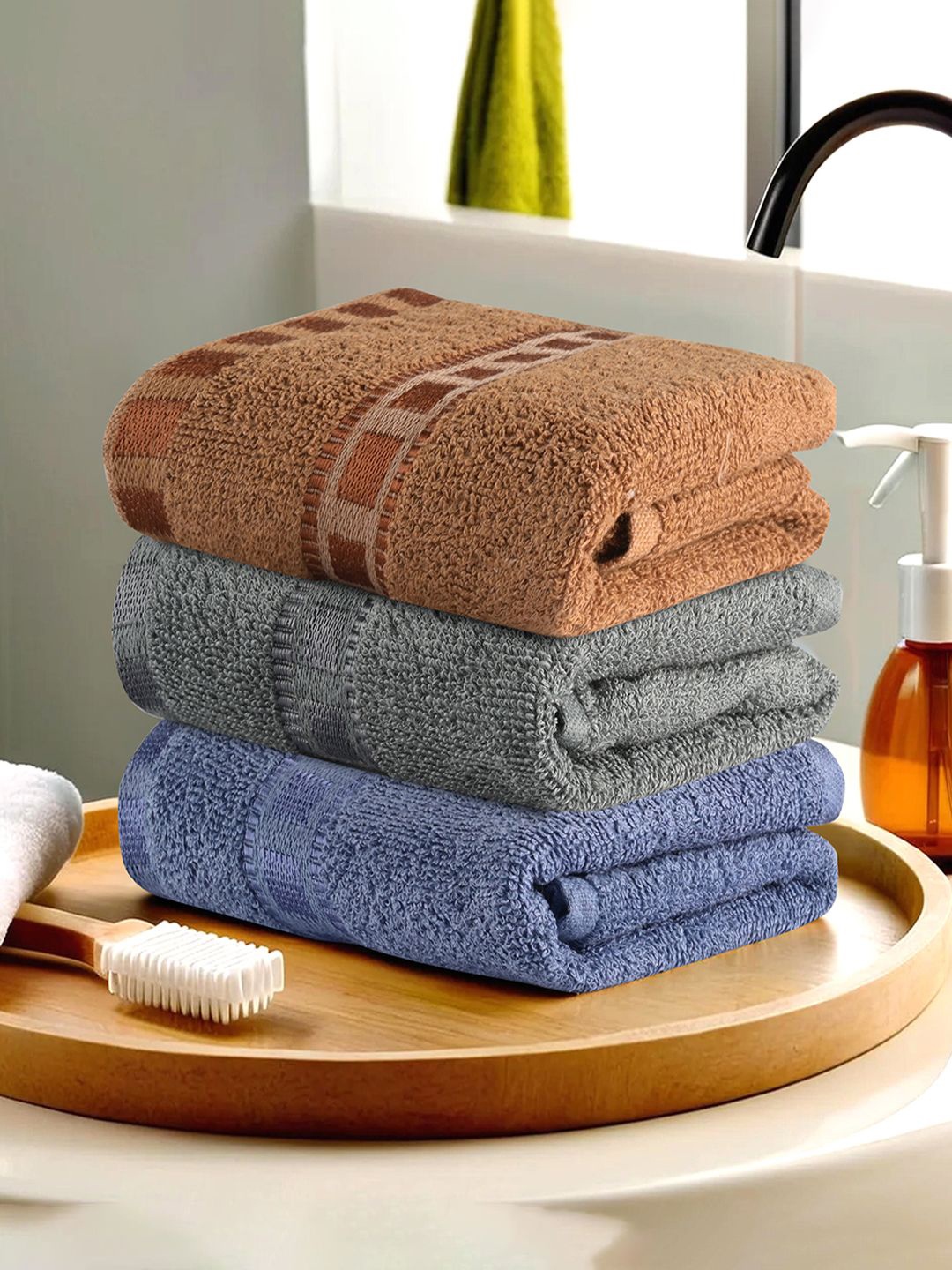 

Kuber Industries Blue & Brown 3 Pieces Cotton 225 GSM Anti Bacterial Face Towels