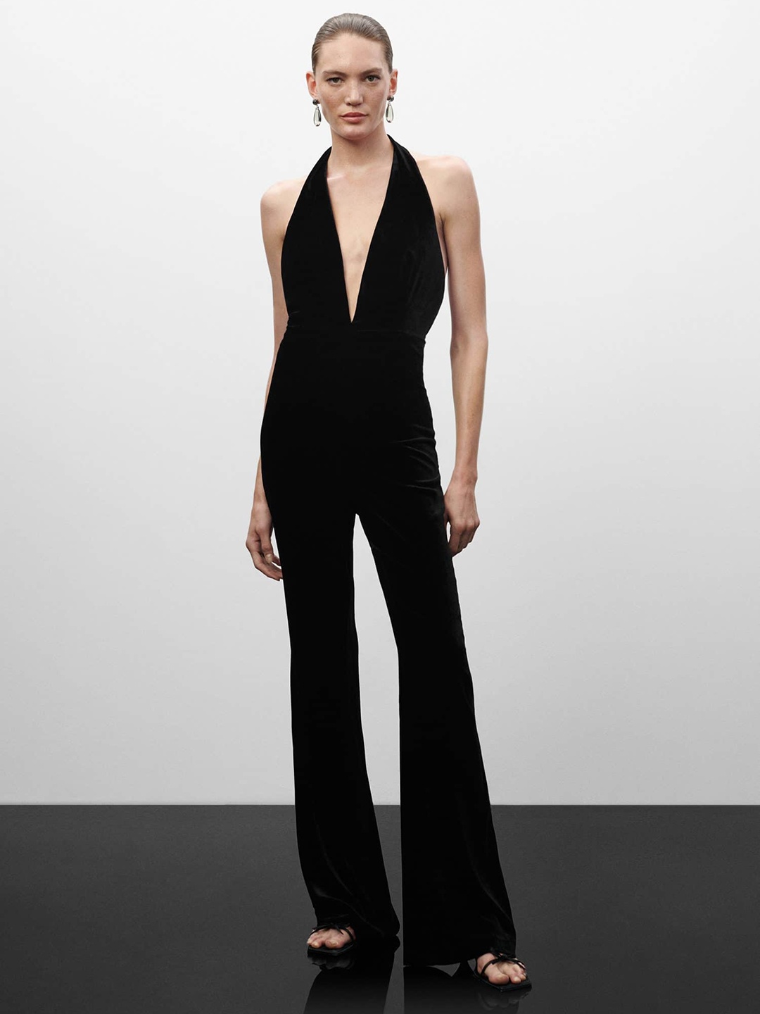 

MANGO Halter Neck Velvet Finish Jumpsuit, Black