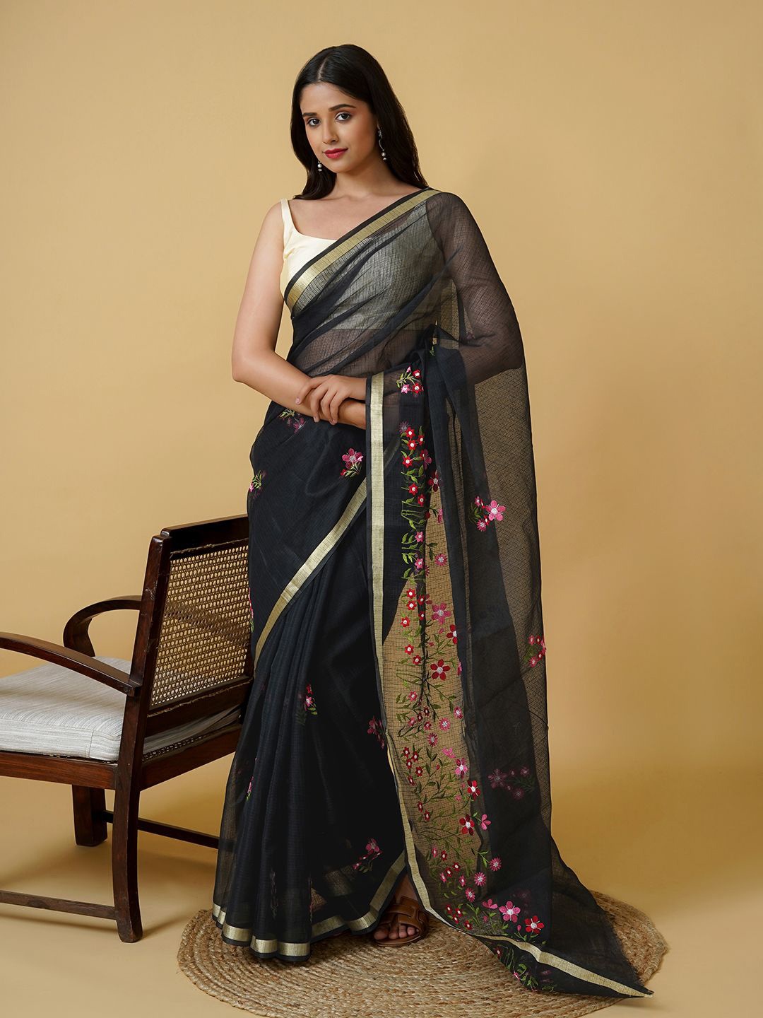 

TEEJH Floral Embroidered Supernet Kota Saree, Black