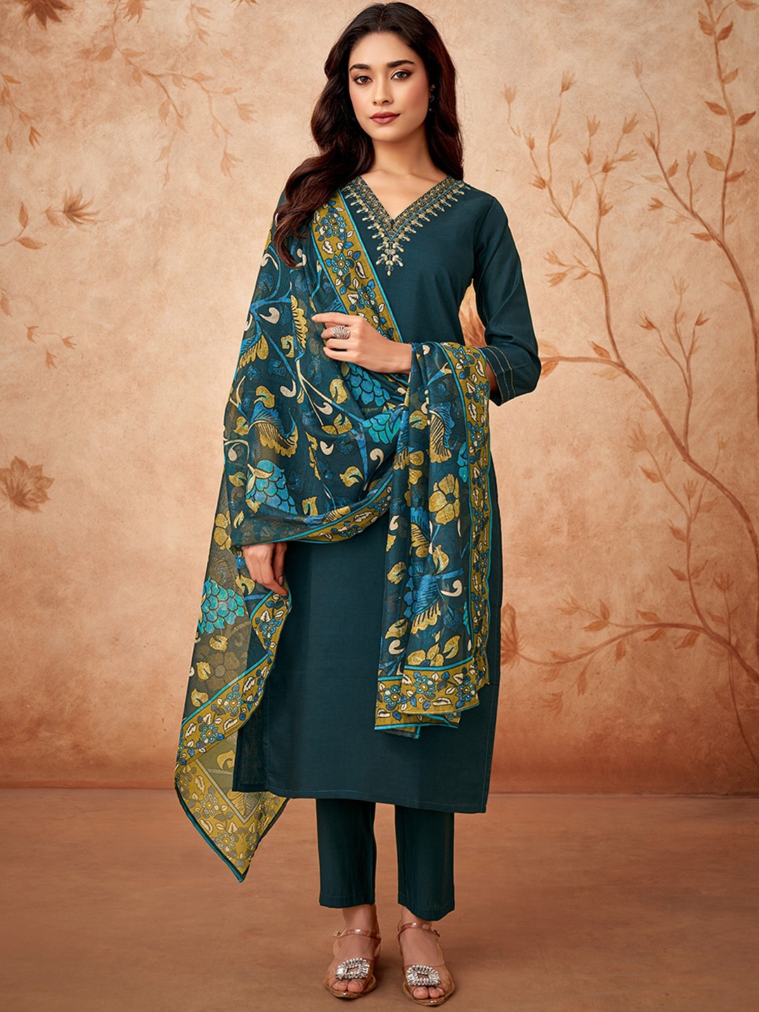 

KALINI Floral Yoke Design Sequinned Chanderi Silk Kurta with Trousers & Dupatta, Teal