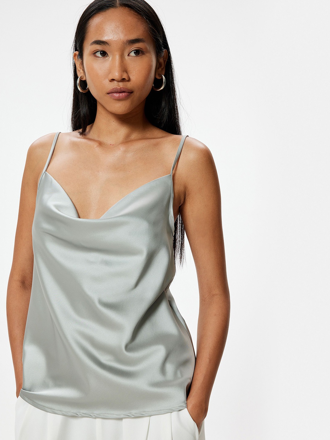 

Koton Women Solid Shoulder Straps Polyester Top, Grey