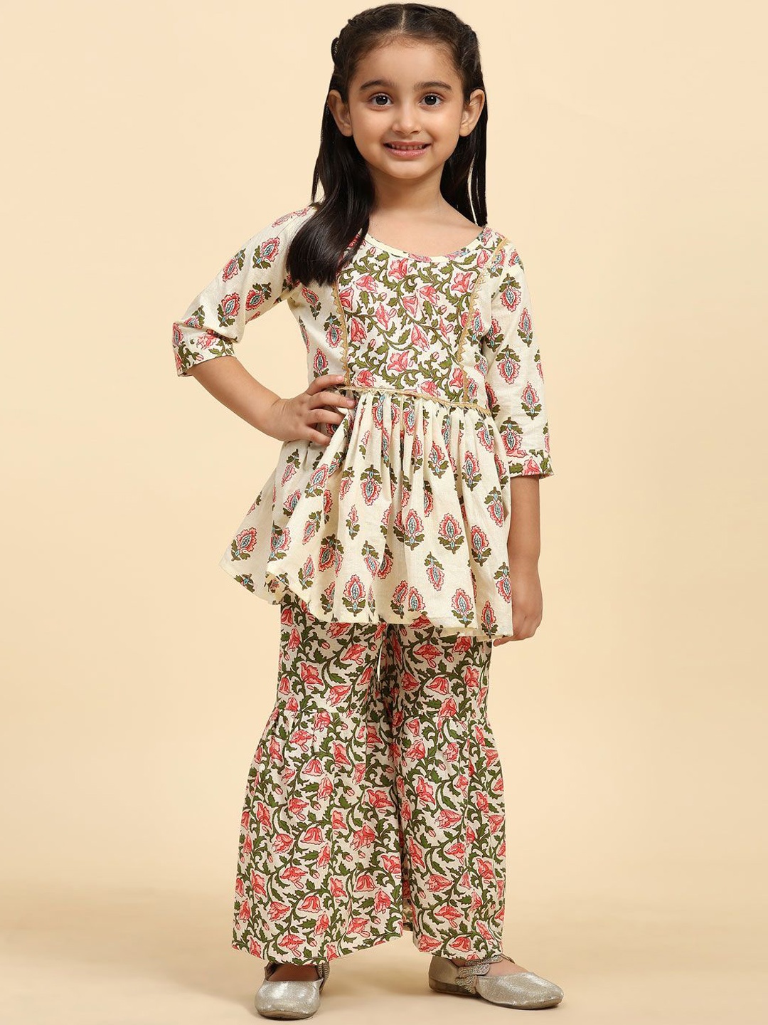 

SHIJILA Girls Floral Printed A Line Kurta with Sharara, Cream