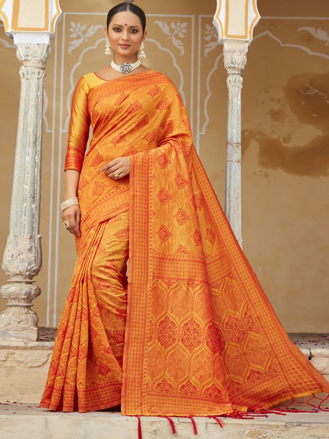 

ASISA Ethnic Motifs Woven Design Zari Saree, Orange