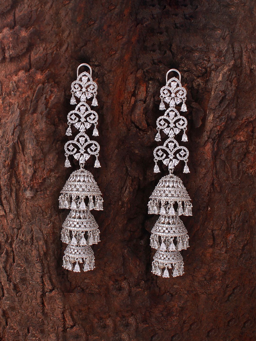 

Mirana Rhodium-Plated Cubic Zirconia Studded Dome Shaped Jhumkas, Silver