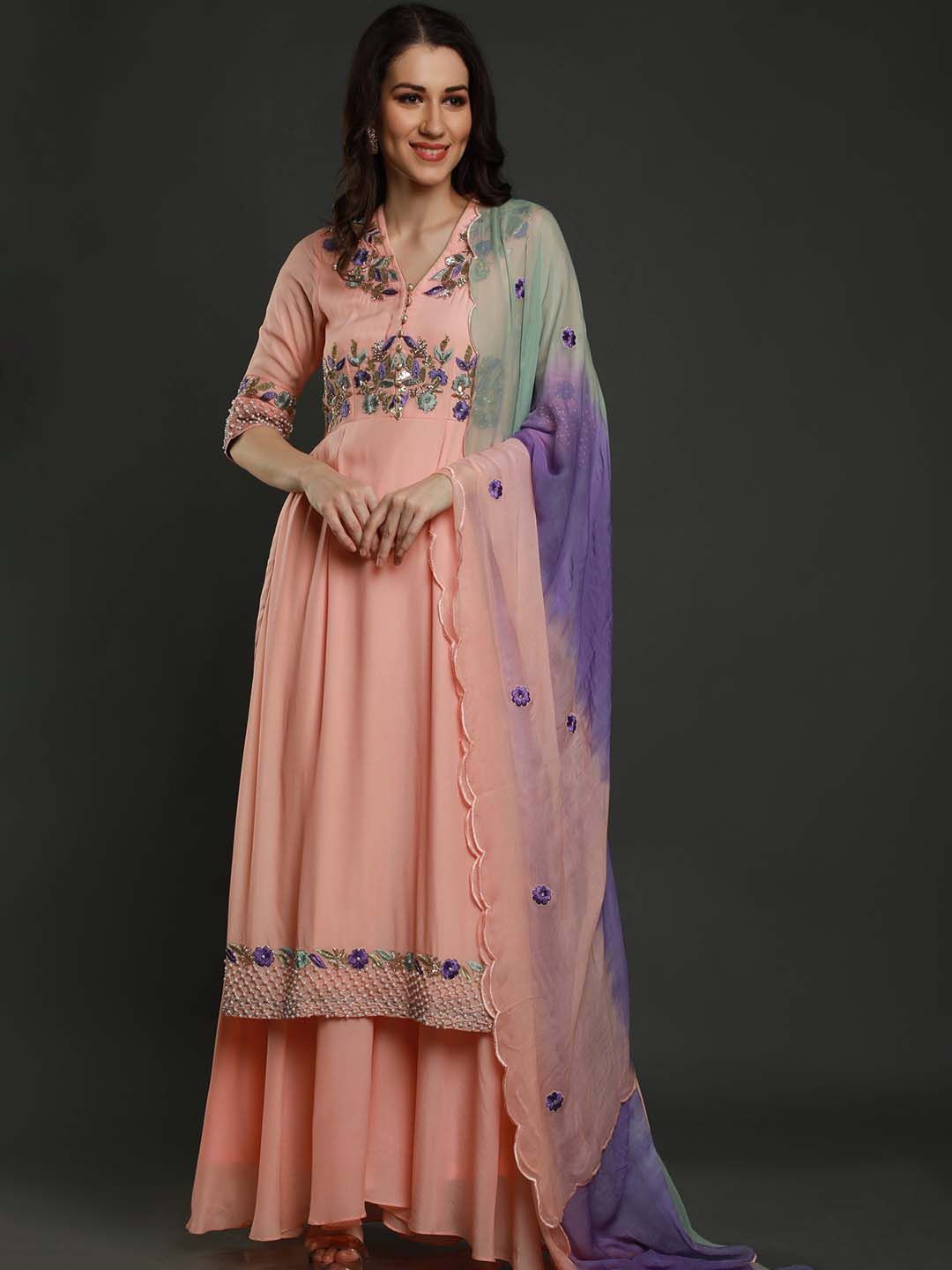 

Sejal Kamdar Floral Embroidered V-Neck Kurta With Garara & Dupatta, Peach