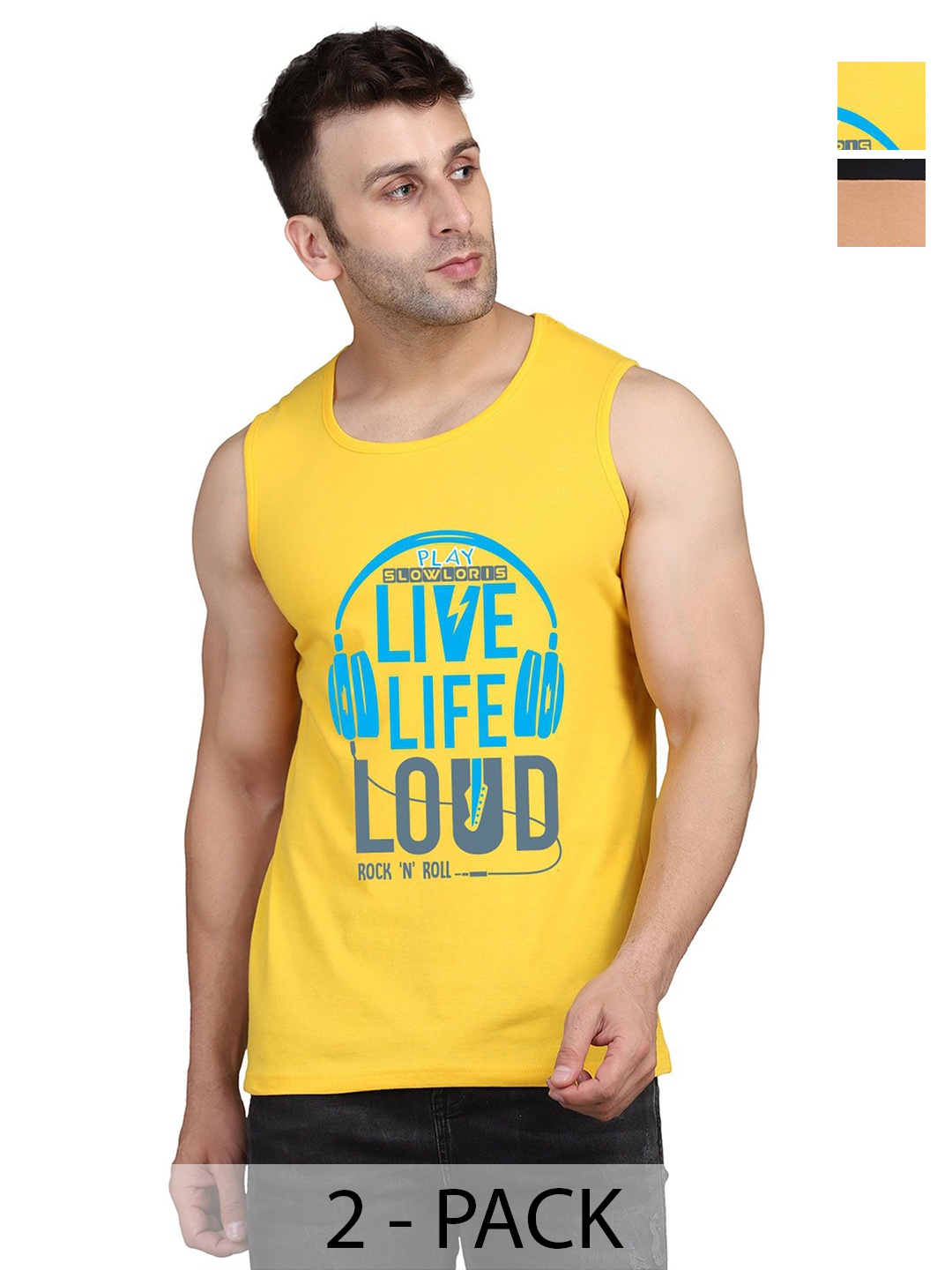 

SLOWLORIS Men Pack Of 2 Typography Printed Round Neck Cotton Slim Fit T-shirts, Yellow