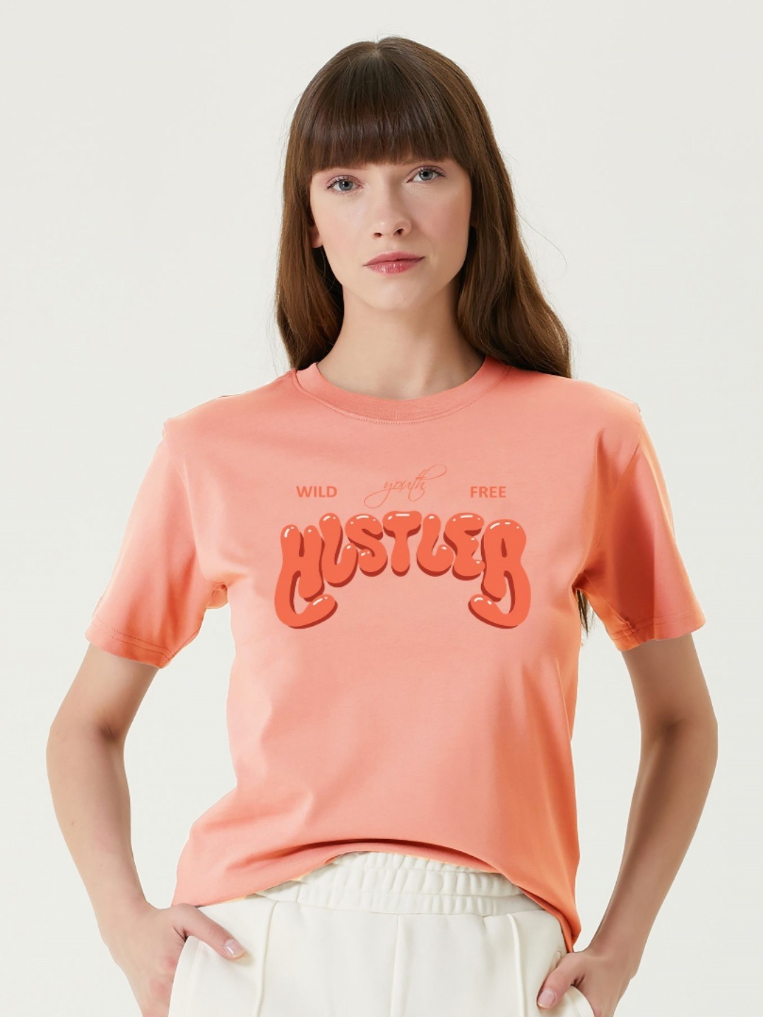 

MISCHIEF MONKEY Women Printed Applique T-shirt, Peach