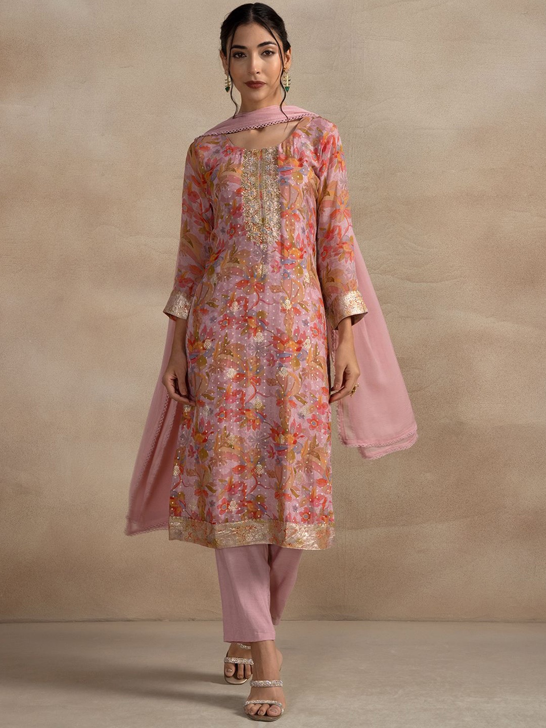 

Rang by Indya Women Floral Printed Regular Kurta with Trousers & With Dupatta, Pink