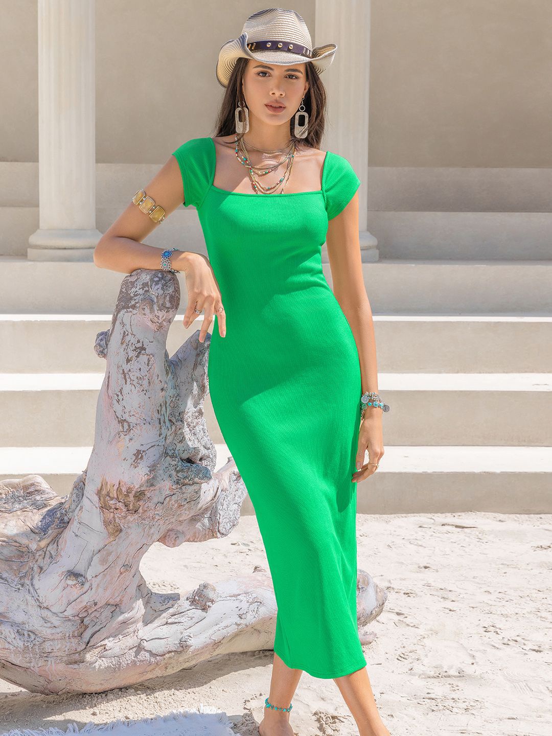 

JC Mode Square Neck Sheath Midi Dress, Green