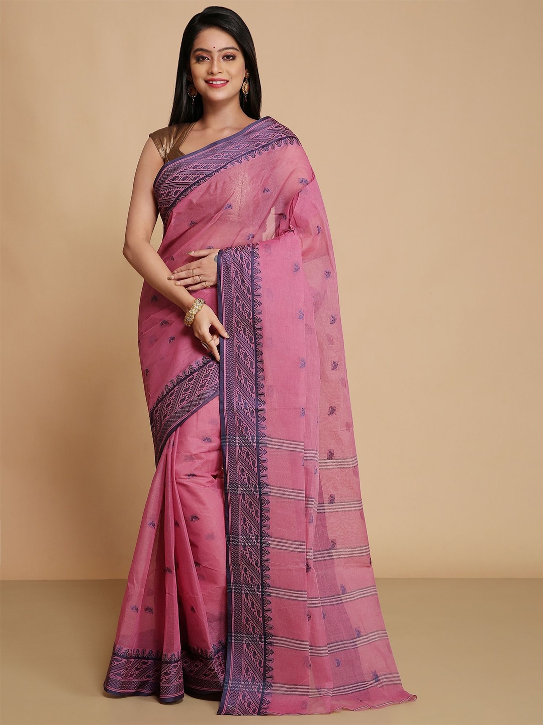 

WoodenTant Woven Design Pure Cotton Taant Saree, Pink