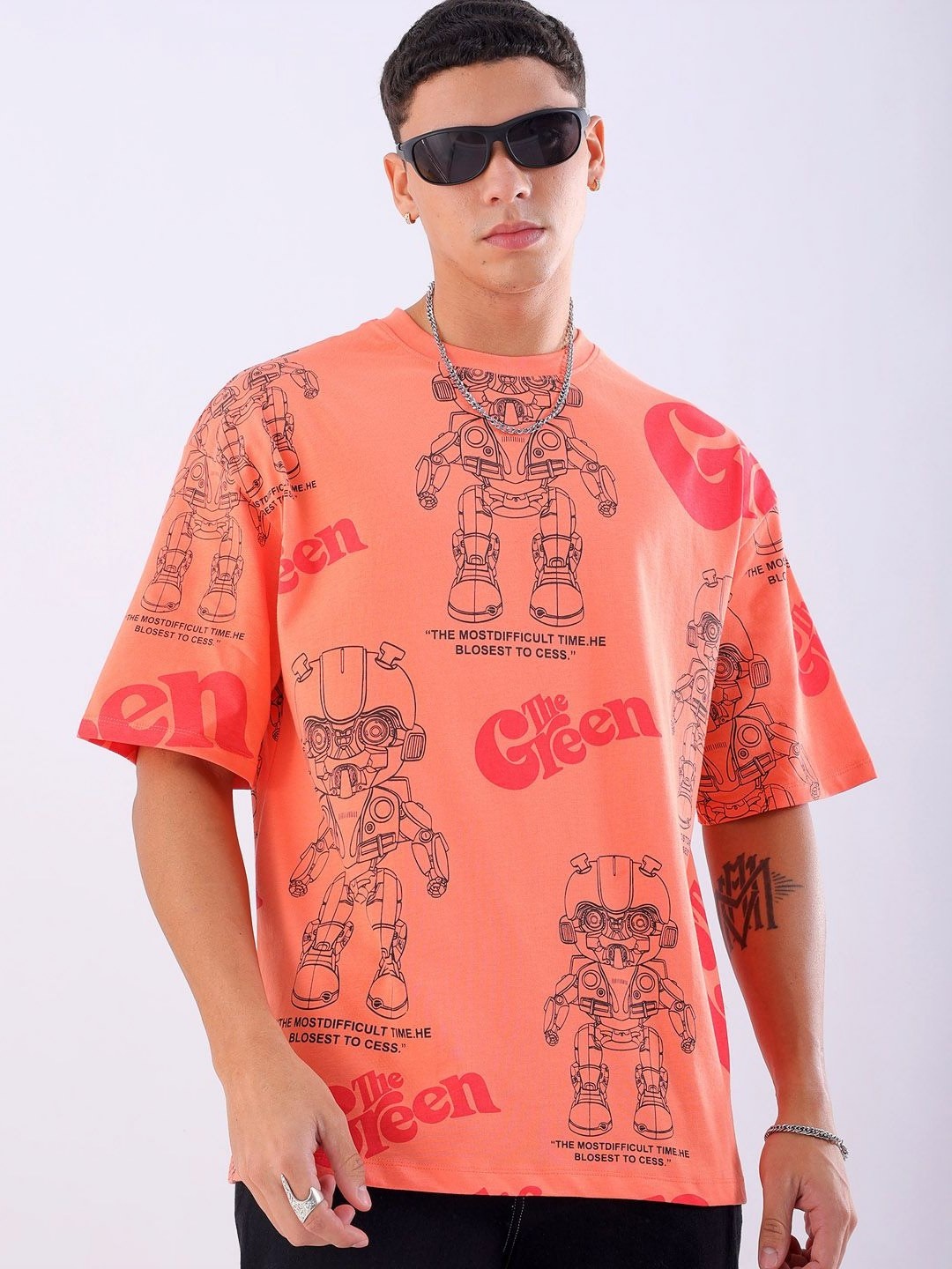 

The Indian Garage Co Men Floral Printed Hooded Boxy T-shirt, Orange