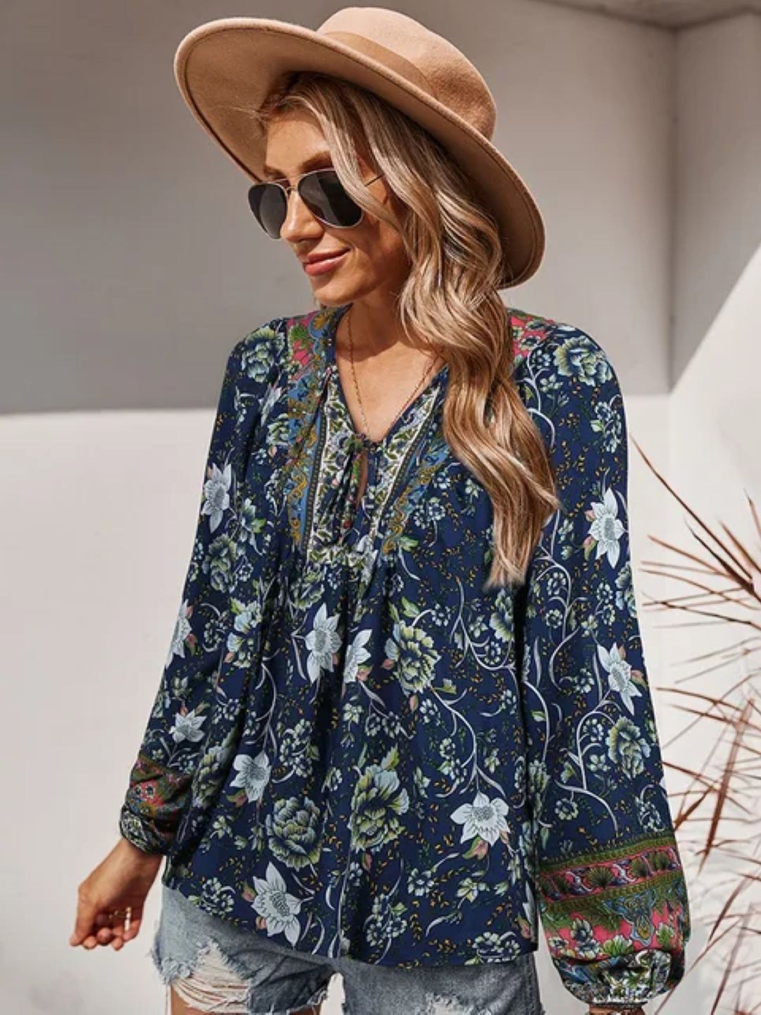

StyleCast Women Floral Printed Tie-Up Neck Top, Navy blue